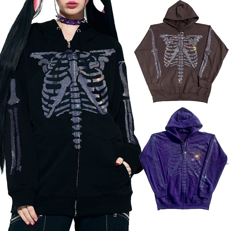 Felpa con cappuccio oversize con strass lucidi, felpa con cappuccio ampia con cerniera, stile gotico Y2k per ragazze_voghion.com