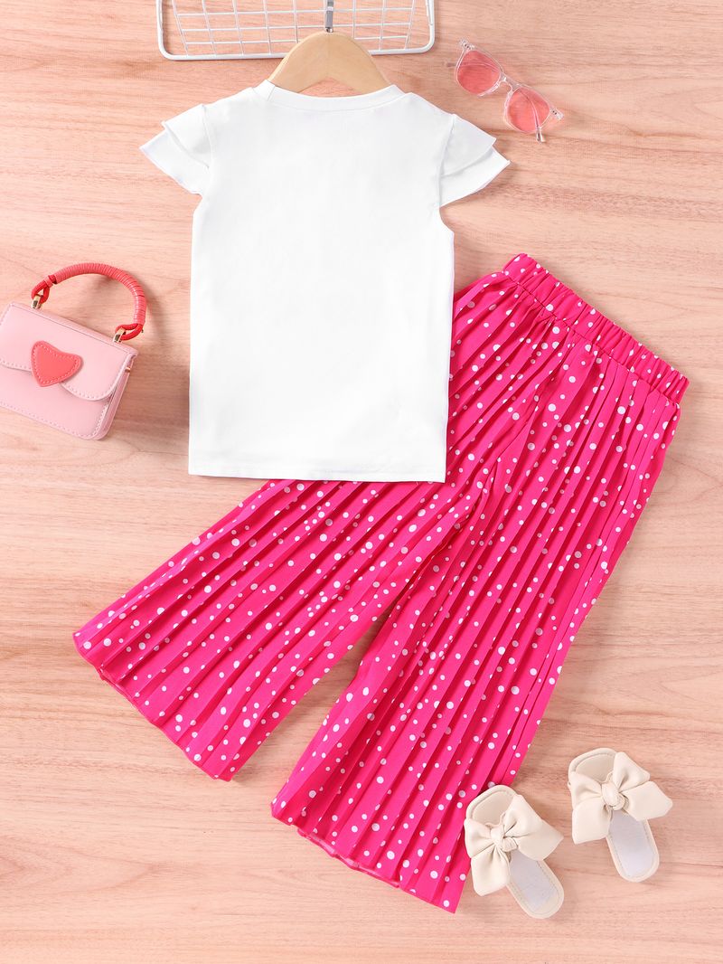 "Girls' Graphic Print Short Sleeve Top + Wide Leg Pants 2-Piece Set – 100% Polyester, Soft & Stylish Outfit For 3-8 Years (100-140cm)"_voghion.com