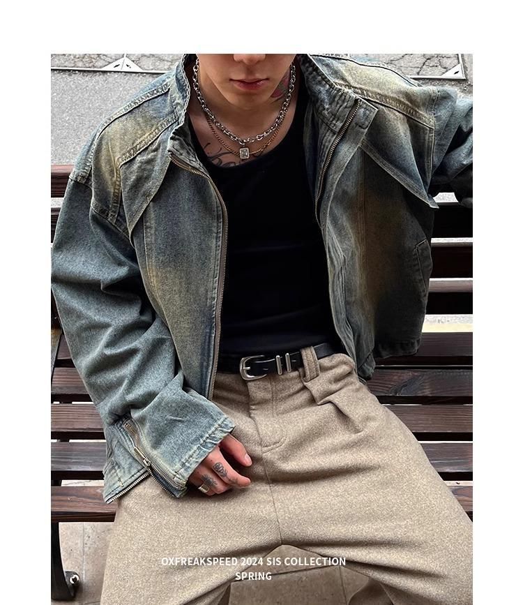 Men's Clothing Retro Deconstructed Raw Edge Washed Denim Jacket Street Zipper Stand Collar Motorcycle Jacket Short Tassel_voghion.com