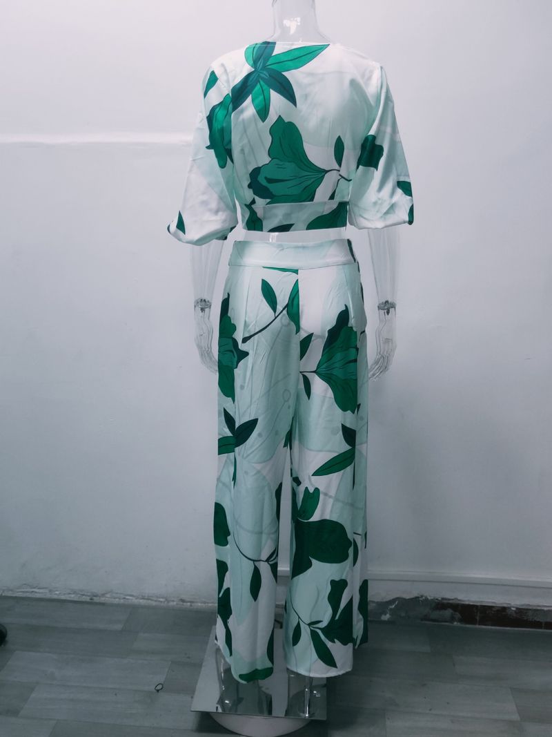 Damen bedruckter Modeanzug mit V-Ausschnitt, Laternenärmel, kurzes Oberteil, hohe Taille, weites Bein, Hose, zweiteiliges Set_voghion.com
