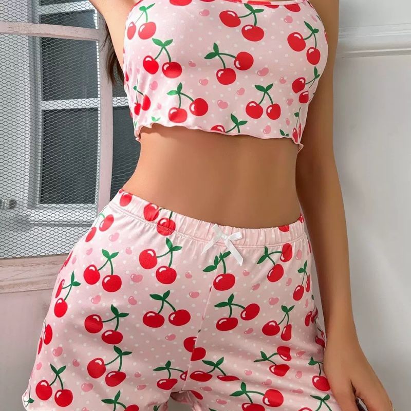 Mikroelastisches Milchseiden-Kirschdruck-Sommer-Shorts, bequemes Loungewear-Zweiteiler-Set_voghion.com