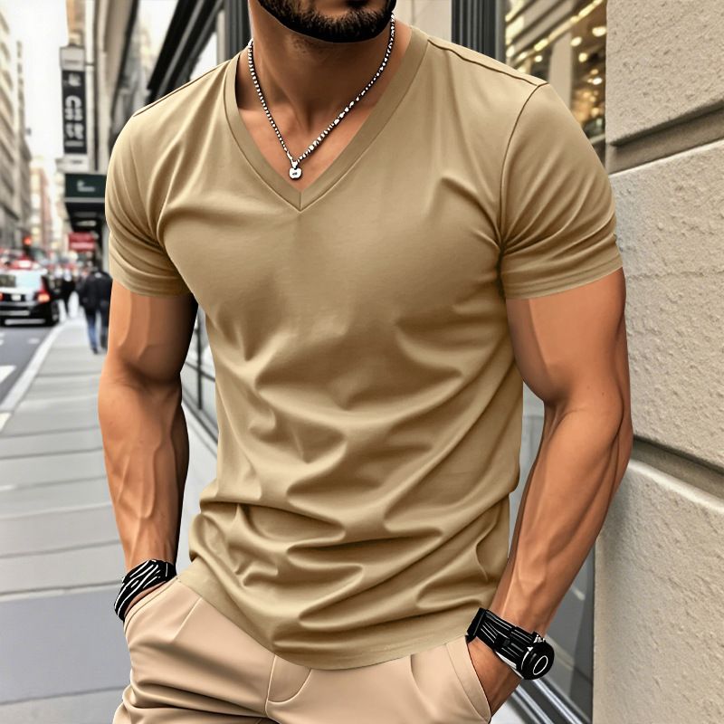 Herrenbekleidung T-Shirt Einfarbig V-Ausschnitt Kurzarm Sommer Neue Große Größe Trend Tops_voghion.com