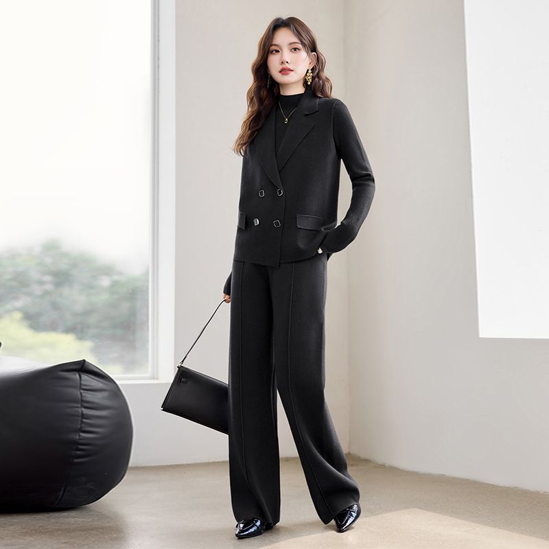High-End Suit For Women 2025 Autumn New Professional Elegant Double-Breasted Knitted Vest Wide-Leg Pants Three-Piece Set_voghion.com