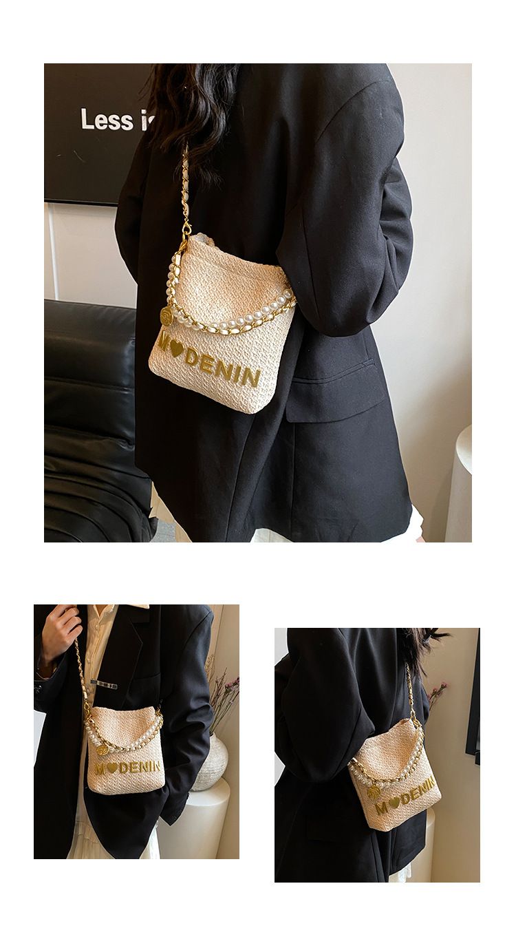 2024 Sommer Neue Gras Gestrickte Englisch Brief Kinder und Mädchen Eltern-Kind Handheld Unterarm Müll Frauen Tasche_voghion.com