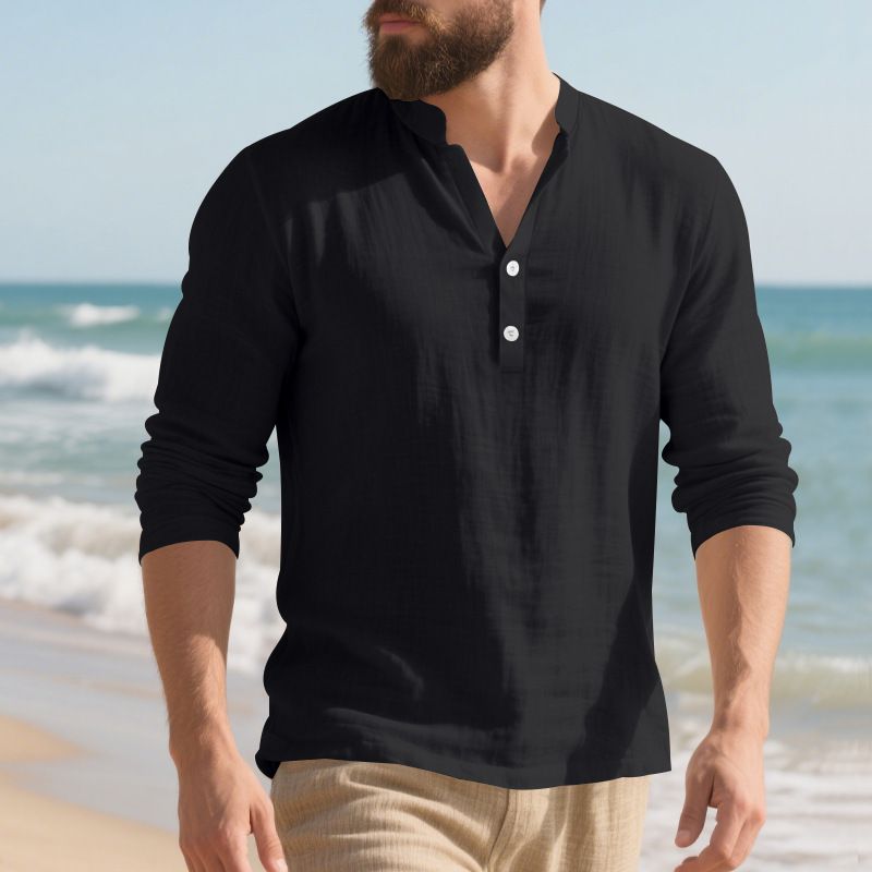 Leinenhemd für Herren – Atmungsaktives Langarm-Henley-T-Shirt, entspannte Passform, lässiger Button-Up mit Stehkragen (Weiß, Marineblau, Schwarz,_voghion.com