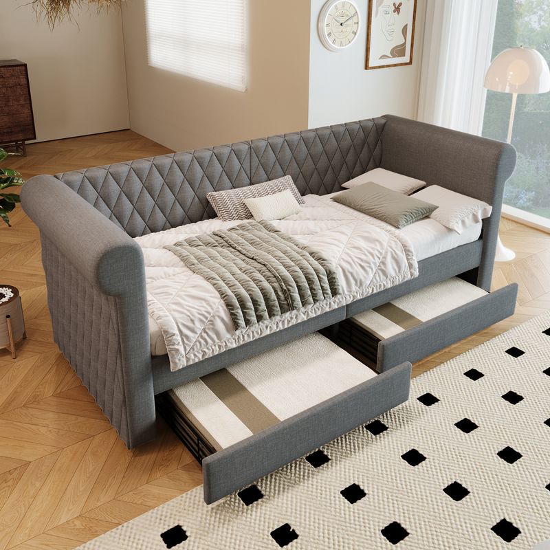 Canapé-lit vintage capitonné 90 x 200 cm, méridienne avec 2 tiroirs de rangement, sommier à lattes en bois, cadre de lit enfant et adolescent, tissu lin, gris (matelas non inclus)_voghion.com
