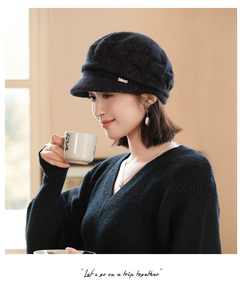 Rabbit Fur Blend Knitted Earflap For Women, Elegant Stylish Autumn And Winter Woolen Duckbill Cap, Face Slimming_voghion.com