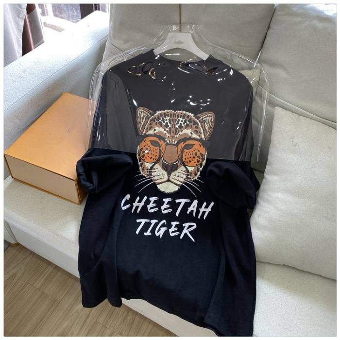 Abbigliamento da donna in cotone retrò con stampa a cartoni animati, testa di leopardo, manica corta, maglietta per donna, tendenza Ins, stampa pigra, mezza manica larga_voghion.com