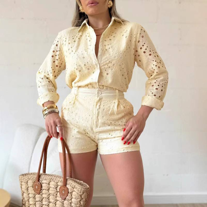 Ensemble 2 pièces pour femme, short décontracté à manches longues et couleur unie_voghion.com