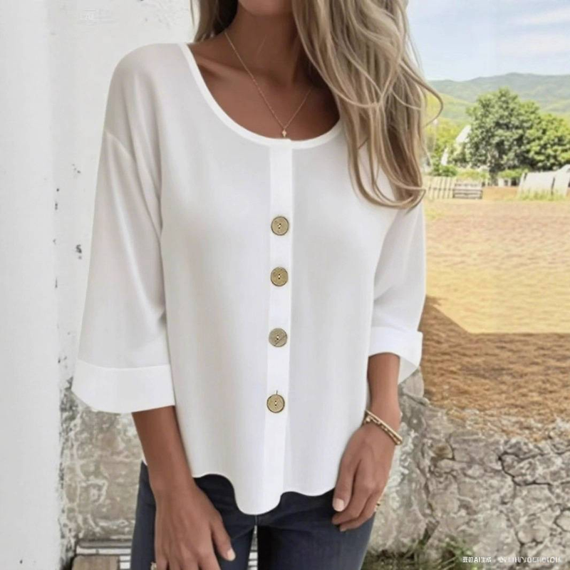 Abbigliamento da donna Elegante camicia in misto lino, manica lunga, girocollo, casual, in tessuto di lino e cotone traspirante, vestibilità comoda con dettagli patchwork_voghion.com