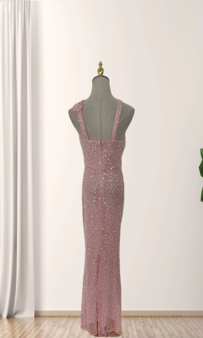 Elegante abito da sera lungo aderente con paillettes per donna - Scollo a V profondo, vita alta, abito da festa lungo fino a terra, colore rosa_voghion.com