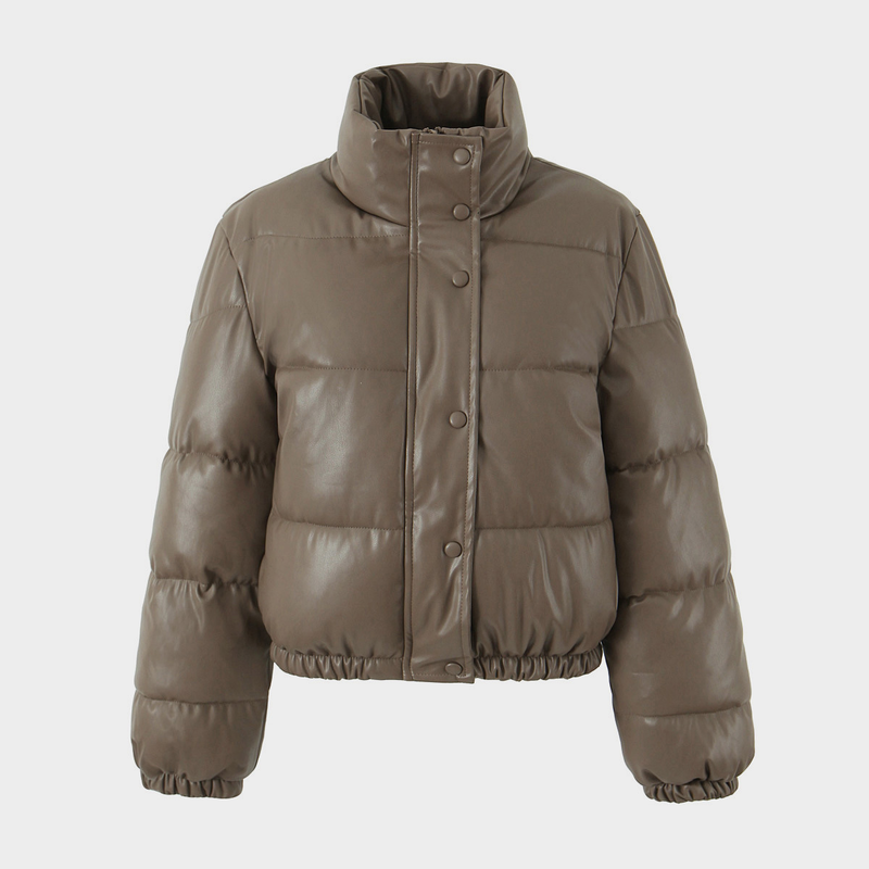 Women's PU Leather Puffer Jacket - Short Stand Collar Winter Coat, Quilted Bomber With Warm Thinsulate, Streetwear Outerwear_voghion.com