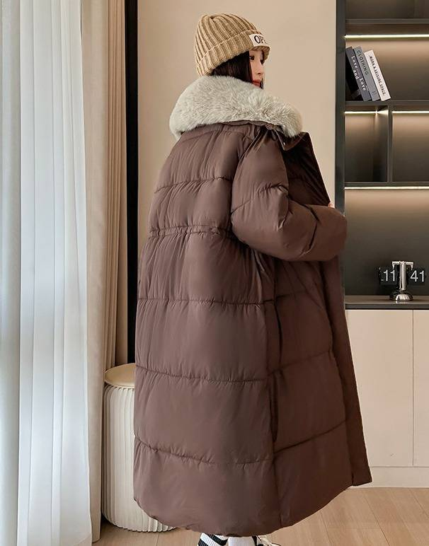 Casaco de inverno feminino luxuoso com acabamento em pele sintética – Jaqueta de inverno de comprimento médio com capuz e fecho de zíper_voghion.com