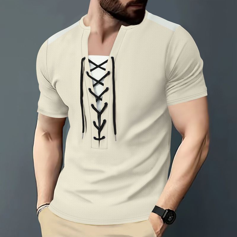 Camiseta masculina casual waffle com cordão e cor combinando, gola redonda, manga curta_voghion.com