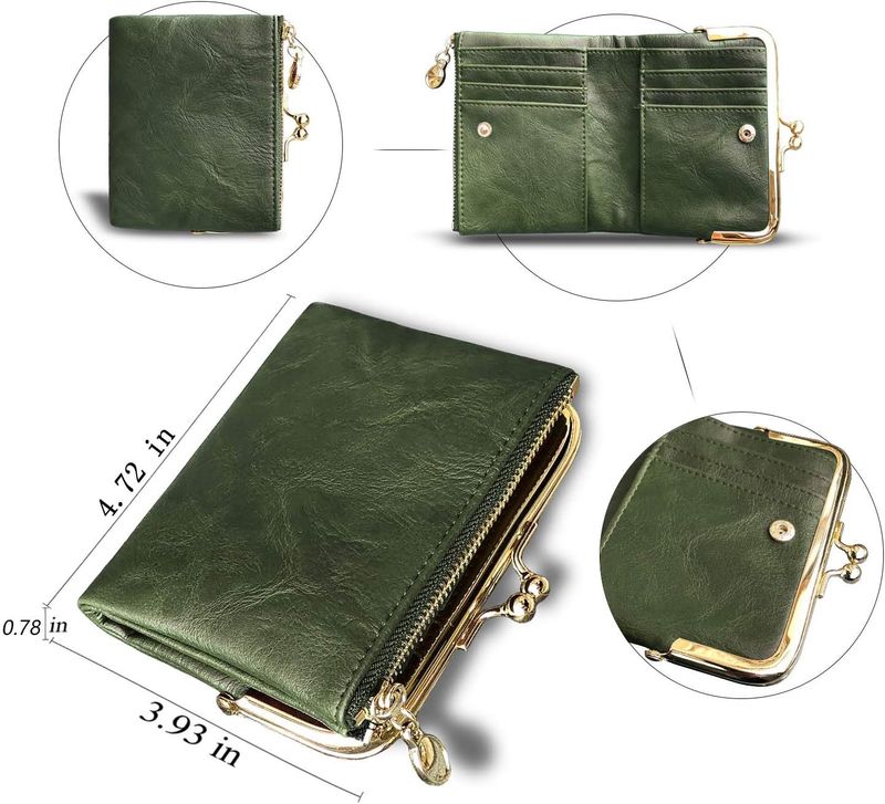 Naisten lompakko Pieni Rfid Naisten Kompakti Bifold Nahkainen Vintage Kolikkokukkaro vetoketjulla ja Kiss Lock_voghion.com