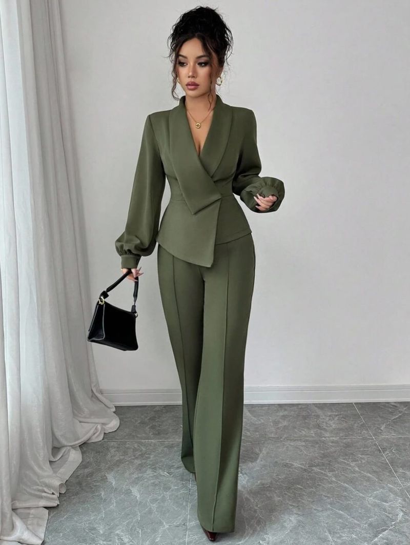 Completo blusa e pantaloni dolce e sofisticato – Completo da ufficio a maniche lunghe verde militare con maniche a lanterna (S-Xxl)_voghion.com