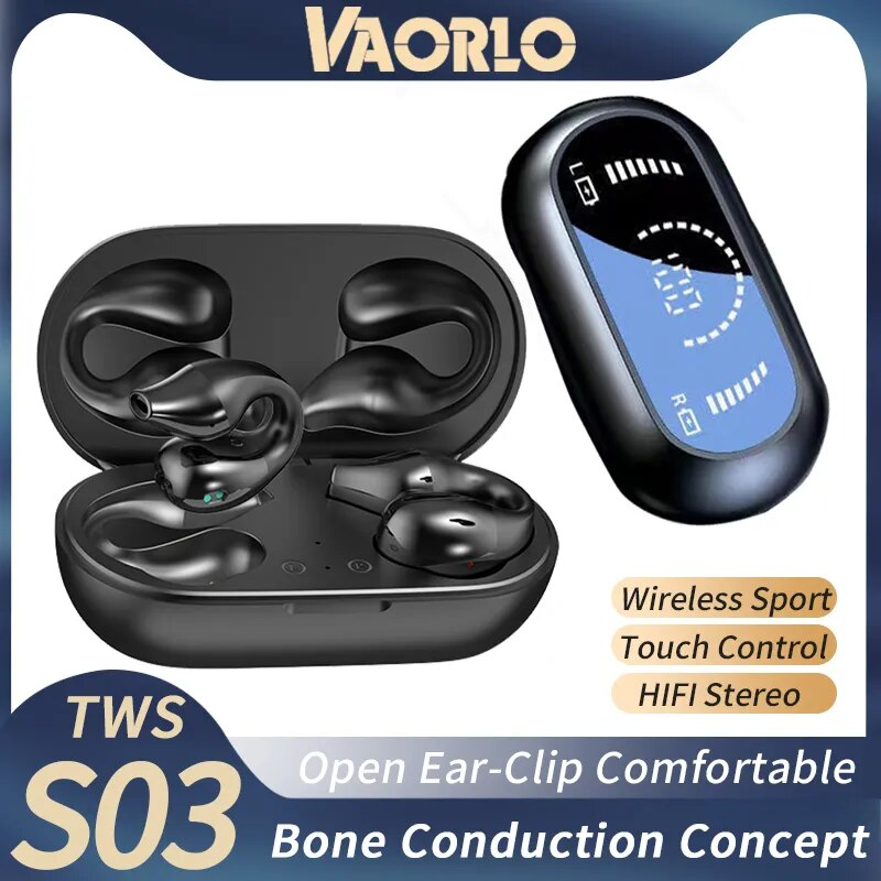VAORLO TWS Wireless Headphones Bluetooth 5.2 Bone Conduction Earphones Earclip Design Touch Control LED Earbuds Sports_voghion.com