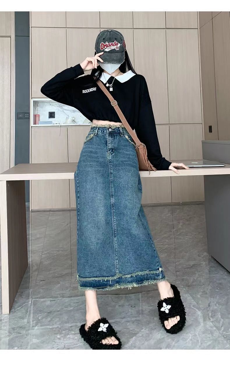 Lente en zomer Raw Edge Slimming Veelzijdige Denim Mid-Length Dames Hoge Taille Drape A-lijn Denim Rok_voghion.com