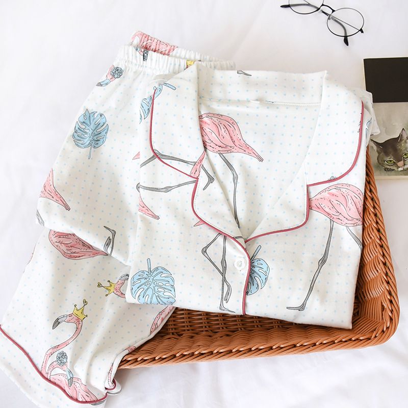 Frühlings- und Herbstpyjama aus reiner Baumwolle für Damen, gestrickte Baumwolle, langärmelige Hose, Heimkleidung, Anzug, Revers, lässige Strickjacke, große Größe, elastisch_voghion.com