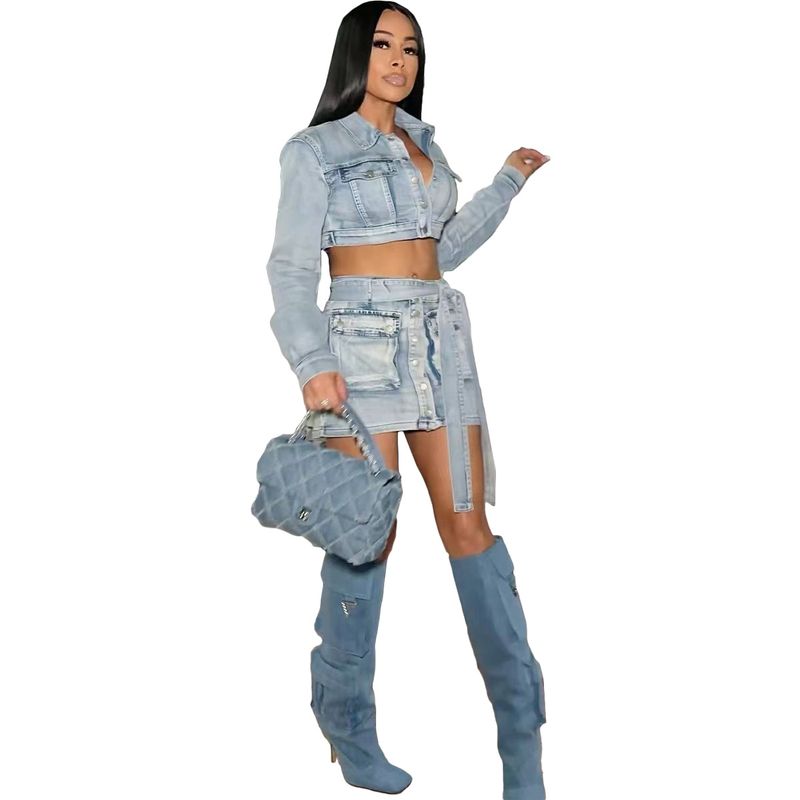 NY8155 Sexy Damen-Rock-Set aus gewaschenem Denim mit Schnürung und 3D-Tasche_voghion.com
