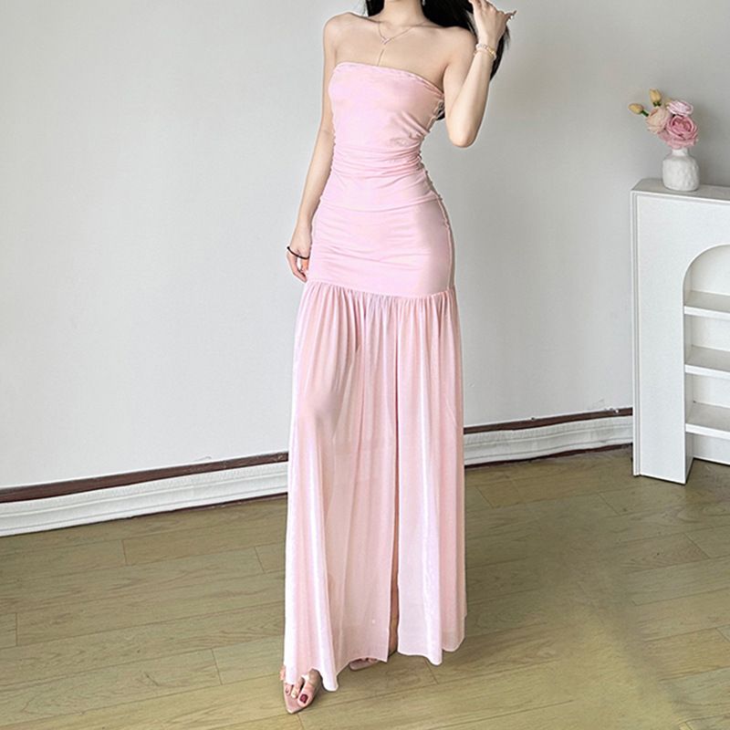 Pure Desire, sexy trägerloses Kleid mit einer Schulter aus Netzstoff, feminines Temperament, hohe Taille, schmale Passform, Schlitz, hüftbetont lang_voghion.com