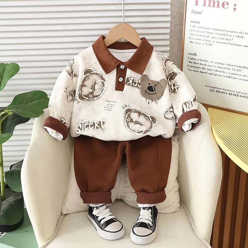 Abbigliamento per bambini primavera e autunno 2025, versione coreana, colletto ribaltabile, casual, felpa con cappuccio e orso, manica lunga, due pezzi_voghion.com