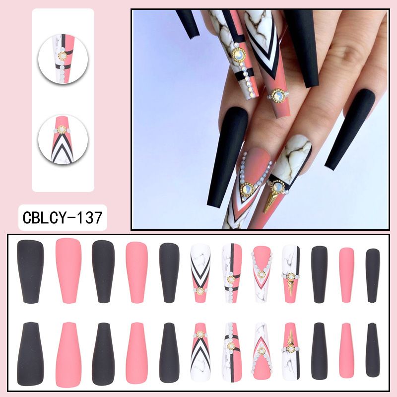 Langes Press-On-Nägel-Set – Aufklebbare Kunstnägel mit Ins-Style-Designs, Acrylnägel mit vollständiger Abdeckung für Frauen, DIY-Maniküre-Set in Salonqualität_voghion.com