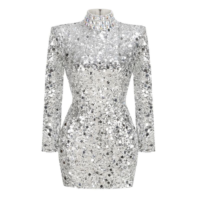 Abito da donna a maniche lunghe con collo alto e paillettes in tinta unita, nuovo ed elegante abito da festa di alta gamma_voghion.com