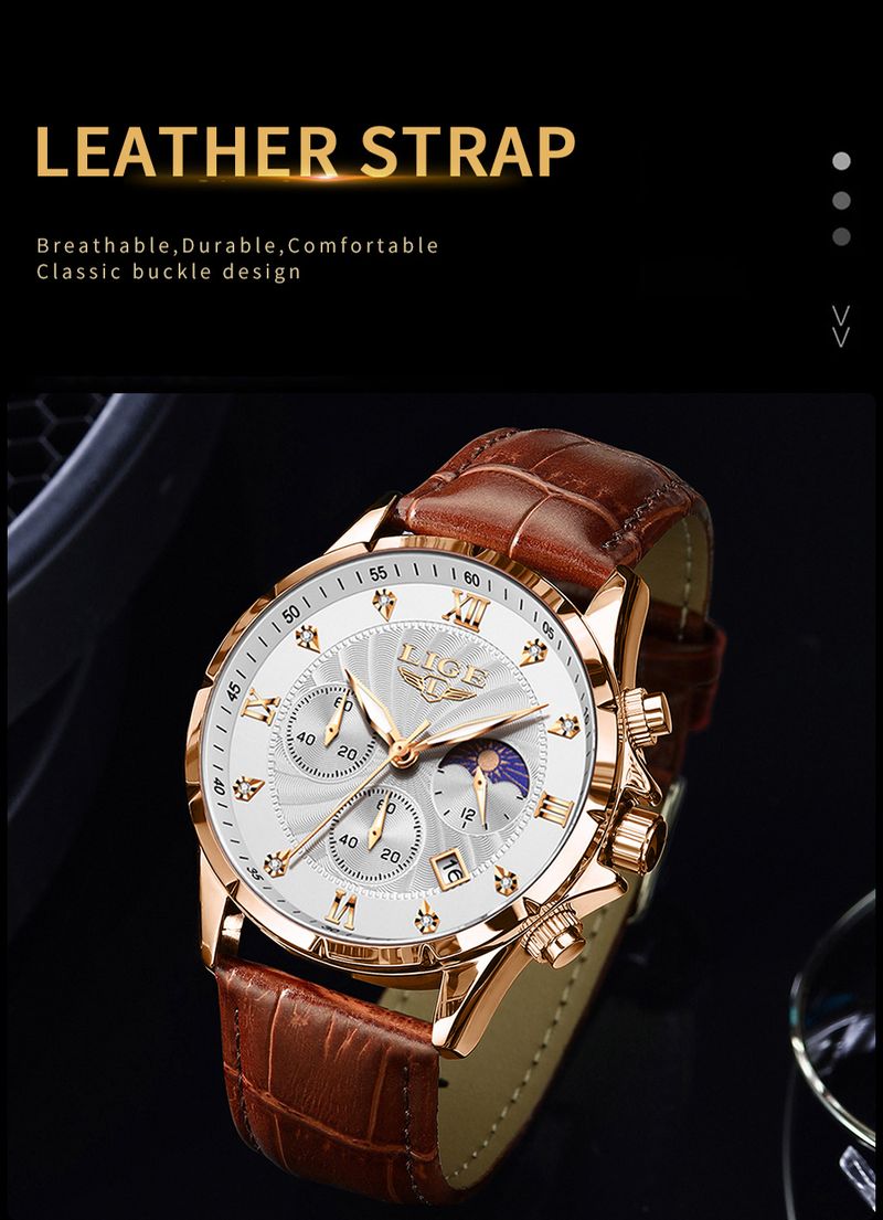 Herren Business Quarzuhr mit Mondphase, Kalender, wasserdicht, Edelstahl- oder Lederarmband_voghion.com