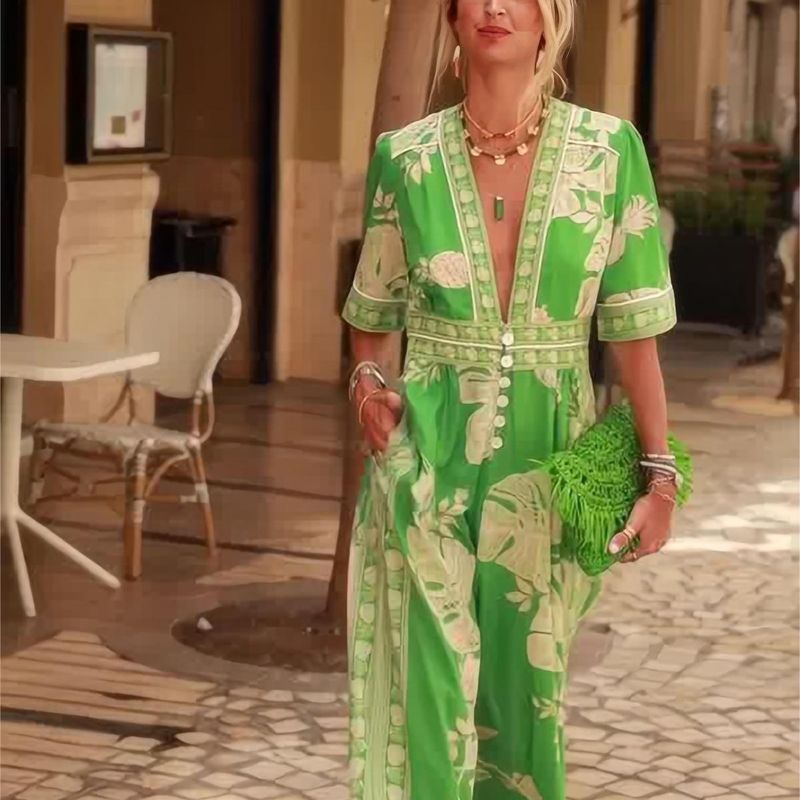 Combinaison imprimée à col en V et manches courtes pour femme, nouvelle mode printemps 2024_voghion.com