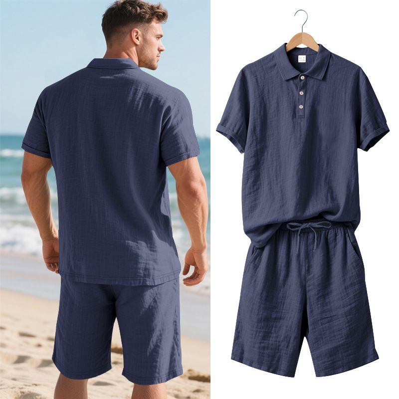 Ensemble polo et short de plage à manches courtes pour homme, style américain, ample, décontracté, respirant, en lin_voghion.com