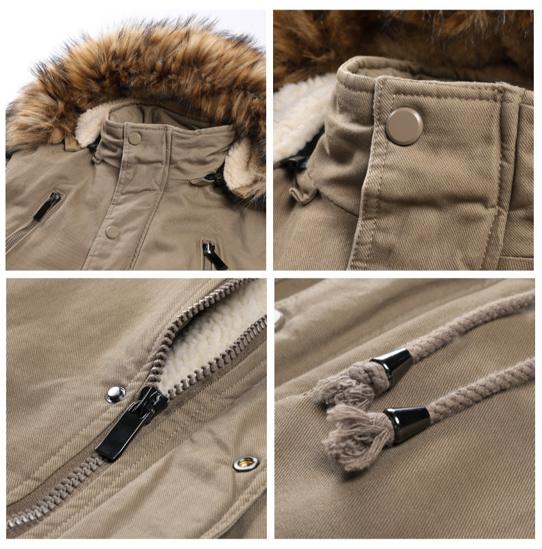 Herrenbekleidung im langen, dicken Wintermantel mit mehreren Taschen aus Baumwolle mit Pelzkragen, warm_voghion.com