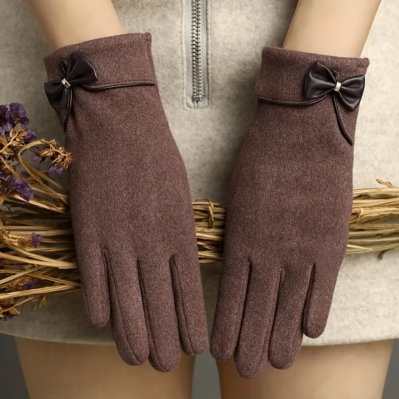 Winter Plus Velvet Warm Gloves Stylish Elegant Bow Decoration Touch Screen Gloves Short Solid Color Elastic Female Gloves_voghion.com