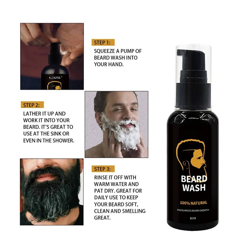 QLZHANFU 60ml Beard Wash Shampoo Encourages Growth Gentle Cleaning Soothe Soften Damage Dry Curly Frizzy Shaving Cream Gel Beauty Health_voghion.com
