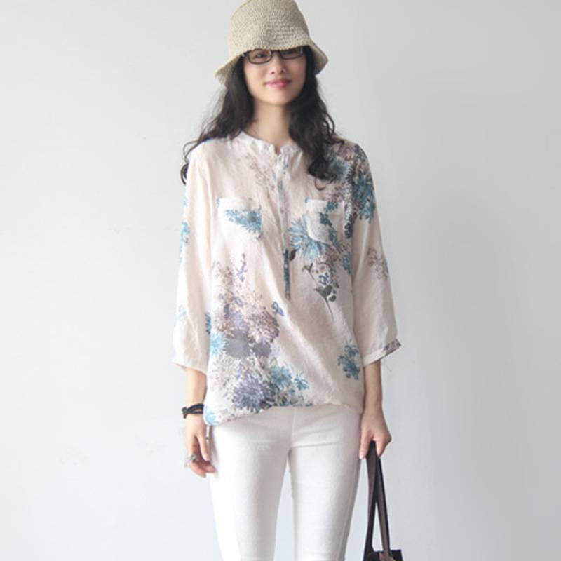 Camicia da donna in cotone e lino floreale sciolta con maniche a tre quarti medie e lunghe, abbigliamento letterario da donna_voghion.com
