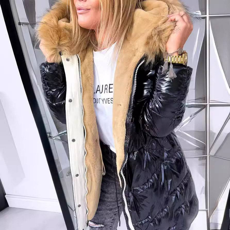 Dámská teplá lesklá bavlněná bunda s kožešinovým límcem, slim fit, podšívka na zip_voghion.com