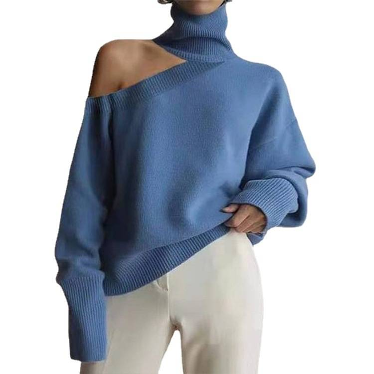 Women's Clothing large size autumn and winter new turtleneck off shoulder sweater women's leopard print long sleeved top_voghion.com