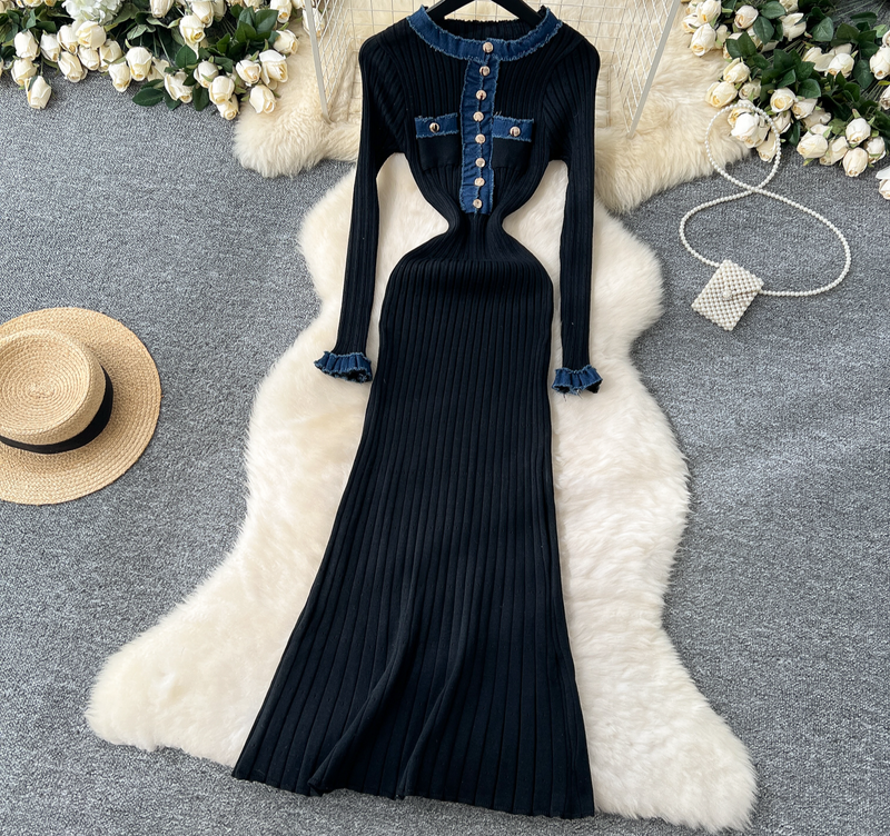 Rochie de damă cu mânecă lungă și guler rotund, cu nasturi metalici, stil retro, croială slim fit, tricotată, elastică, strâmtă, la șolduri_voghion.com