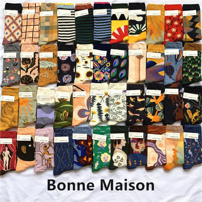 BONNE MAISON Calzini alla moda e divertenti con pittura a olio, stile artistico, colore, felice, medio, alto, in cotone di vitello_voghion.com