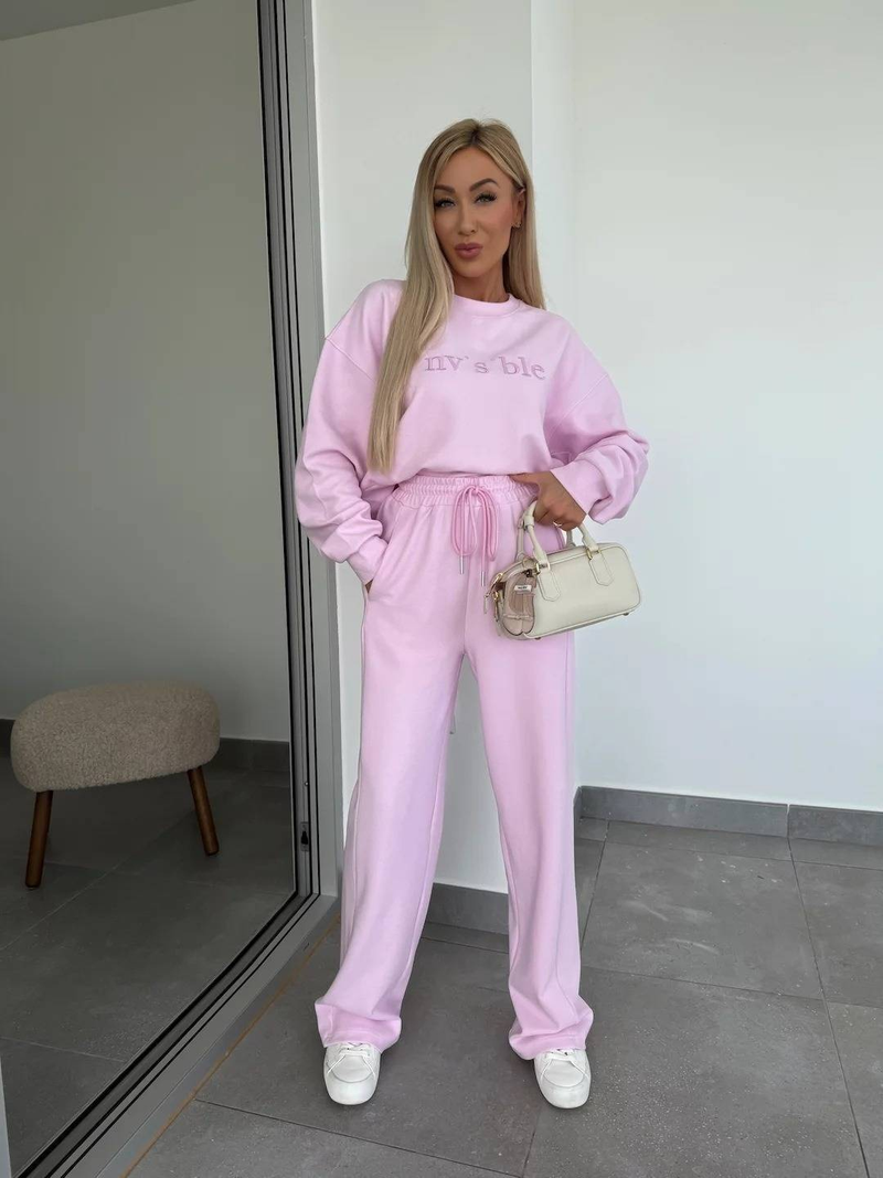 Abbigliamento da donna, completo primaverile, tinta unita, scollo tondo, manica lunga, maglione con ricamo a lettere, pantaloni con lacci, set da due pezzi_voghion.com