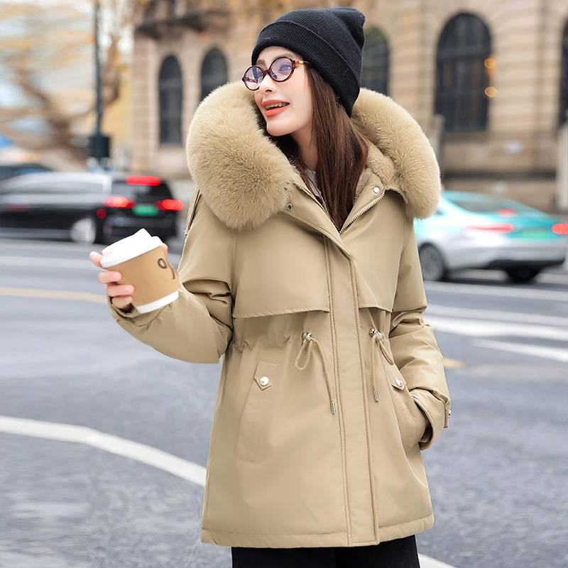 Dicker, fleecegefütterter Wintermantel für Damen mit Kapuze und Kunstpelzbesatz – kurze, taillenbetonte Pufferjacke für Freizeit und Pendeln_voghion.com