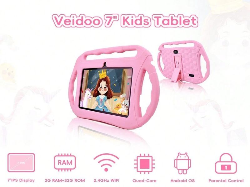 7 Inch Kids Tablet With Shockproof Case, MTK Quad-Core 1.5GHz, 16GB Storage, Android OS – Preloaded Educational Apps, Dual Camera, Bluetooth_voghion.com