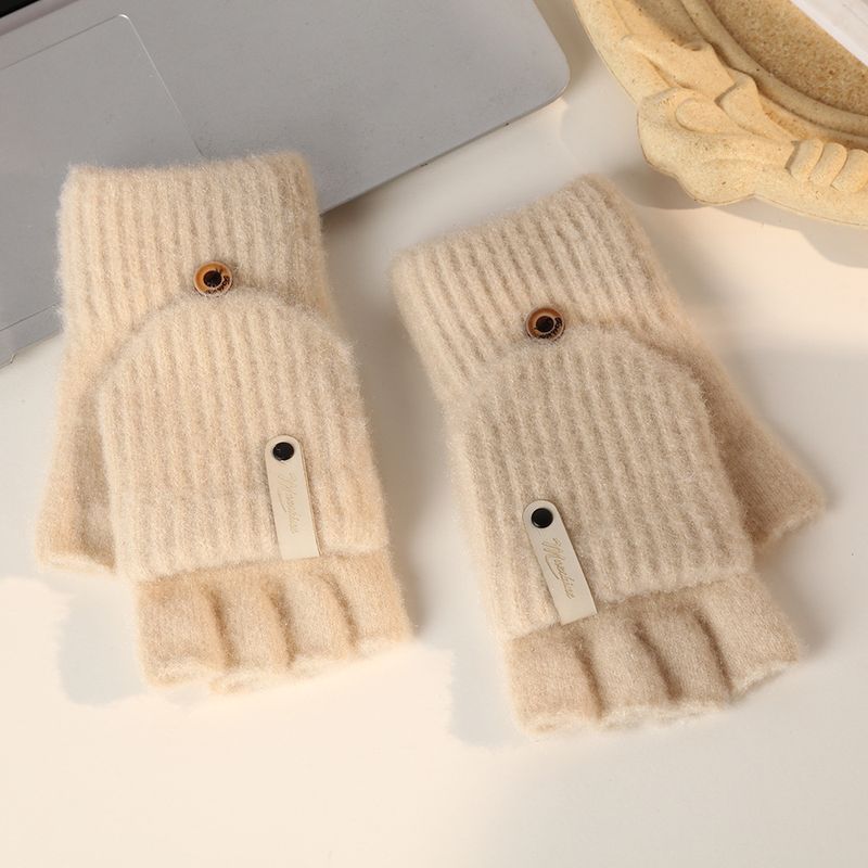 001 Winter Solid Color Wool Warm Outdoor Skiing Cold-Proof Flip Thickened Cute Knitted Fingerless Gloves_voghion.com