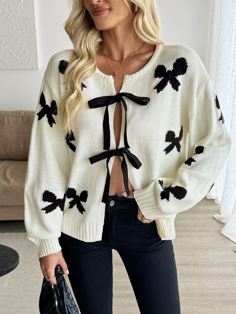 Cardigan en tricot pour femme avec nœud papillon – Pull ouvert élégant et stylé, mélange acrylique léger, coupe ample, manches longues (crème)_voghion.com