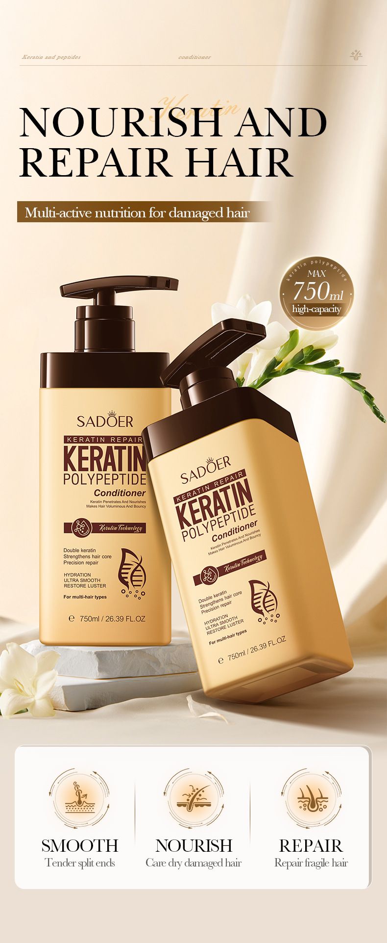 Balsamo per capelli levigante e nutriente ai peptidi di cheratina SADOER 750 ml_voghion.com