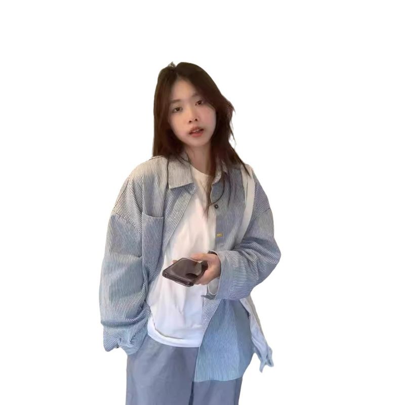 Vintage Blue And White Striped Long Sleeve Denim For Women, Fall 2024 New Design With Colorful Button Turn-down Collar_voghion.com