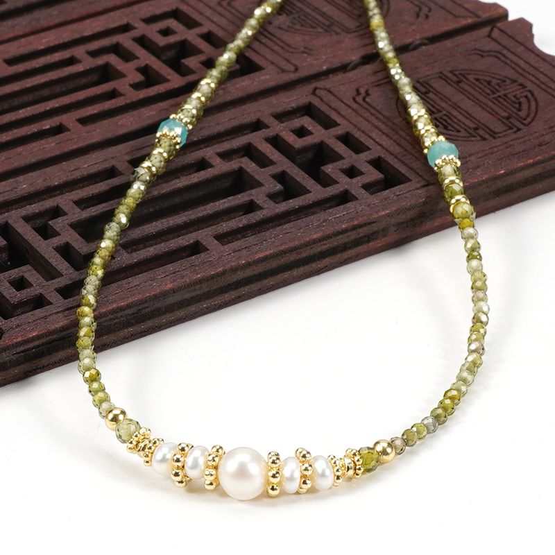 2cm olijfgroene kristal zoetwaterparel armband ketting set vrouwelijke eenvoudige stijl_voghion.com