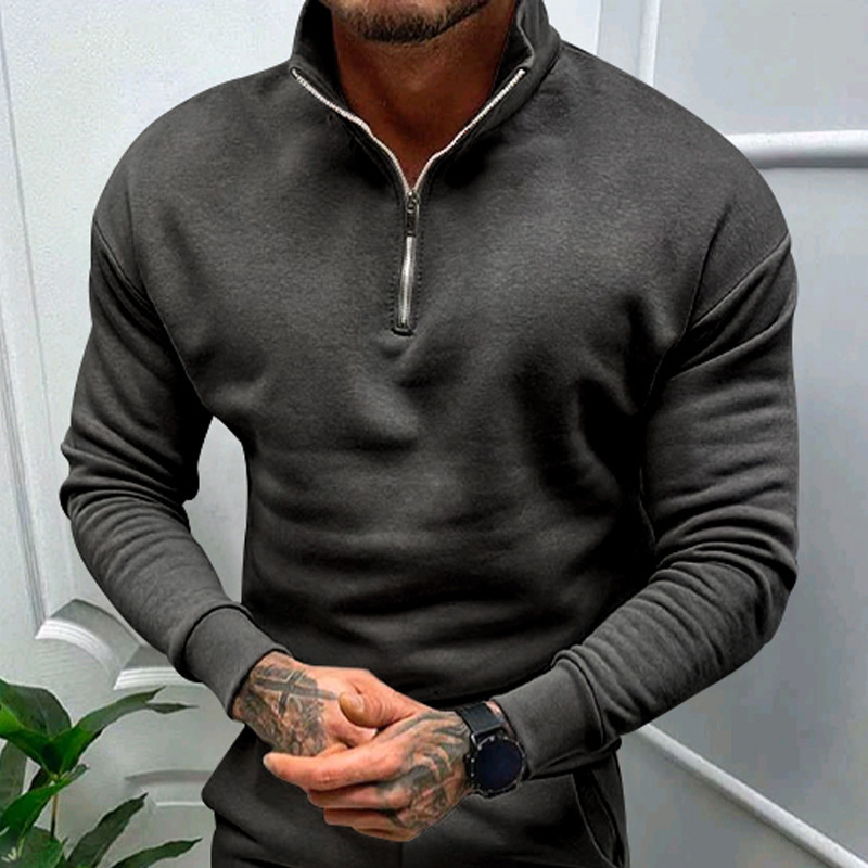 autumn and winter men's casual plus velvet solid color long-sleeved half-zipper POLO stand-up collar top men_voghion.com