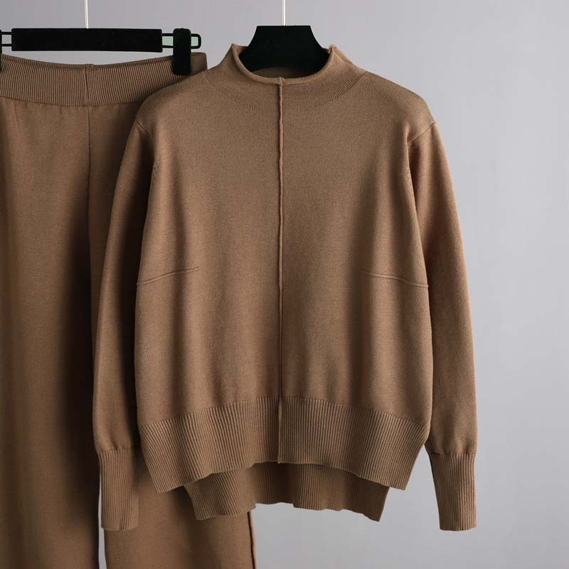 Kadın giyim Örme kazak iki parçalı set kadın sonbahar ve kış yeni gevşek rahat geniş bacak pantolon takım elbise net kırmızı mizaç_voghion.com