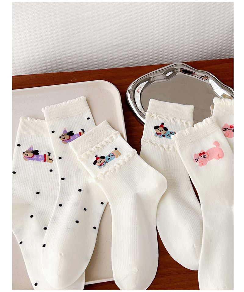 Cartoon Puppy Cotton Socks Spring And Summer Thin Women's Ins Polka Dot Stripes Milk White Hundred Hundred Medium Socks_voghion.com